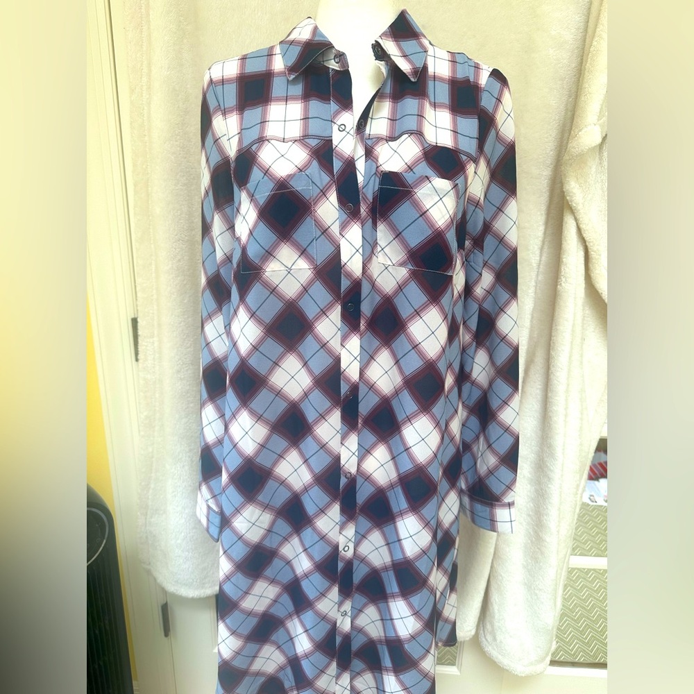 PrAna NWT Flint Maxi Top / Dress / Tunic Plaid Size M Long Sleeve Snap Front